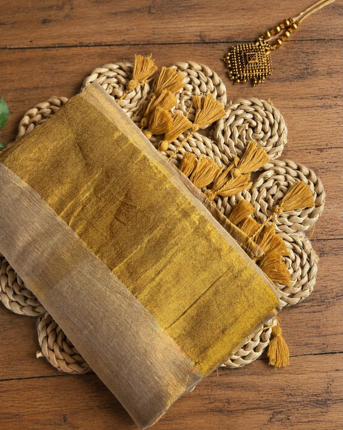 Tissue Golden Mul Cotton Saree NK499
