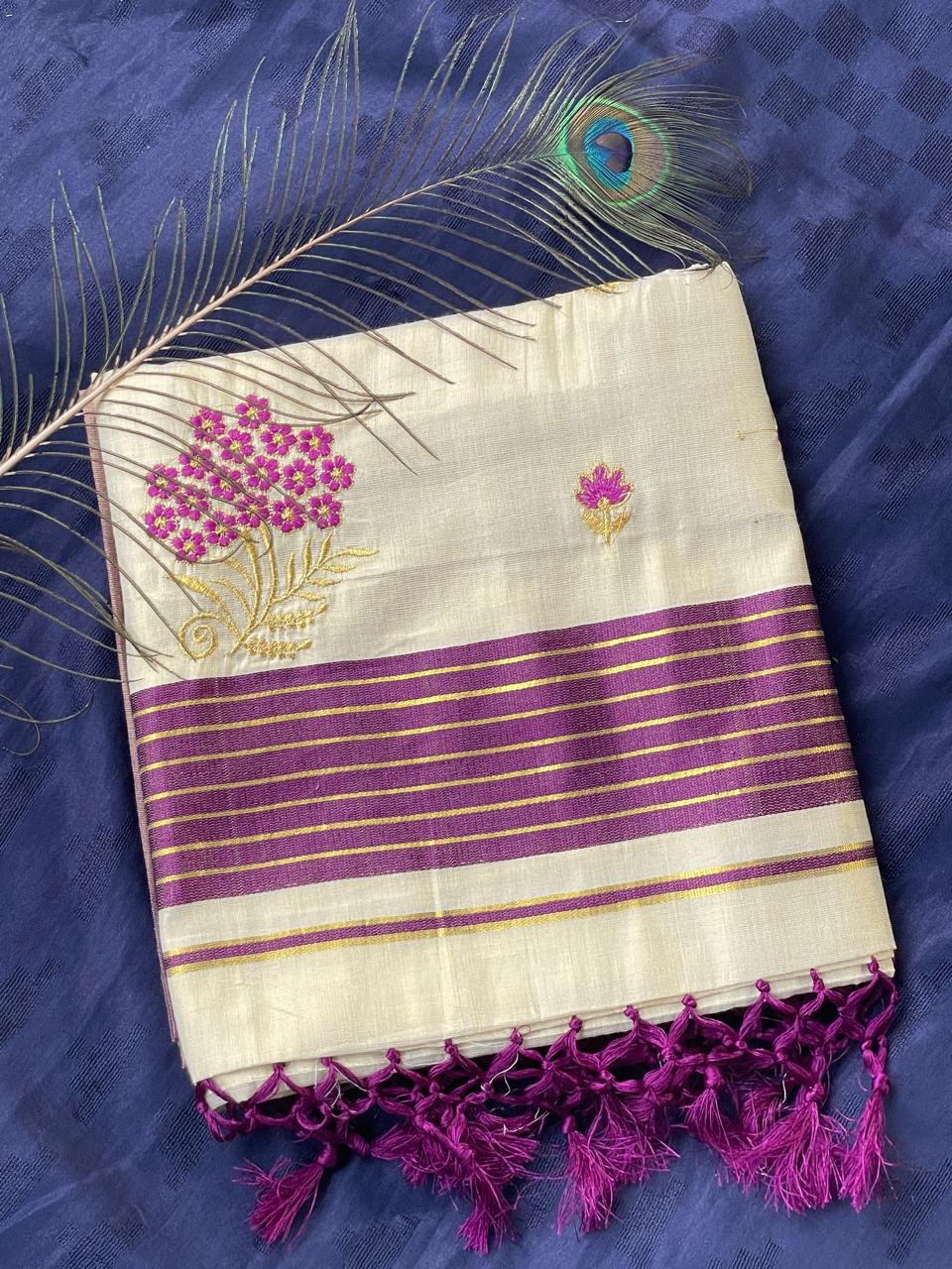 Purple Embroidery Onam Saree NK491