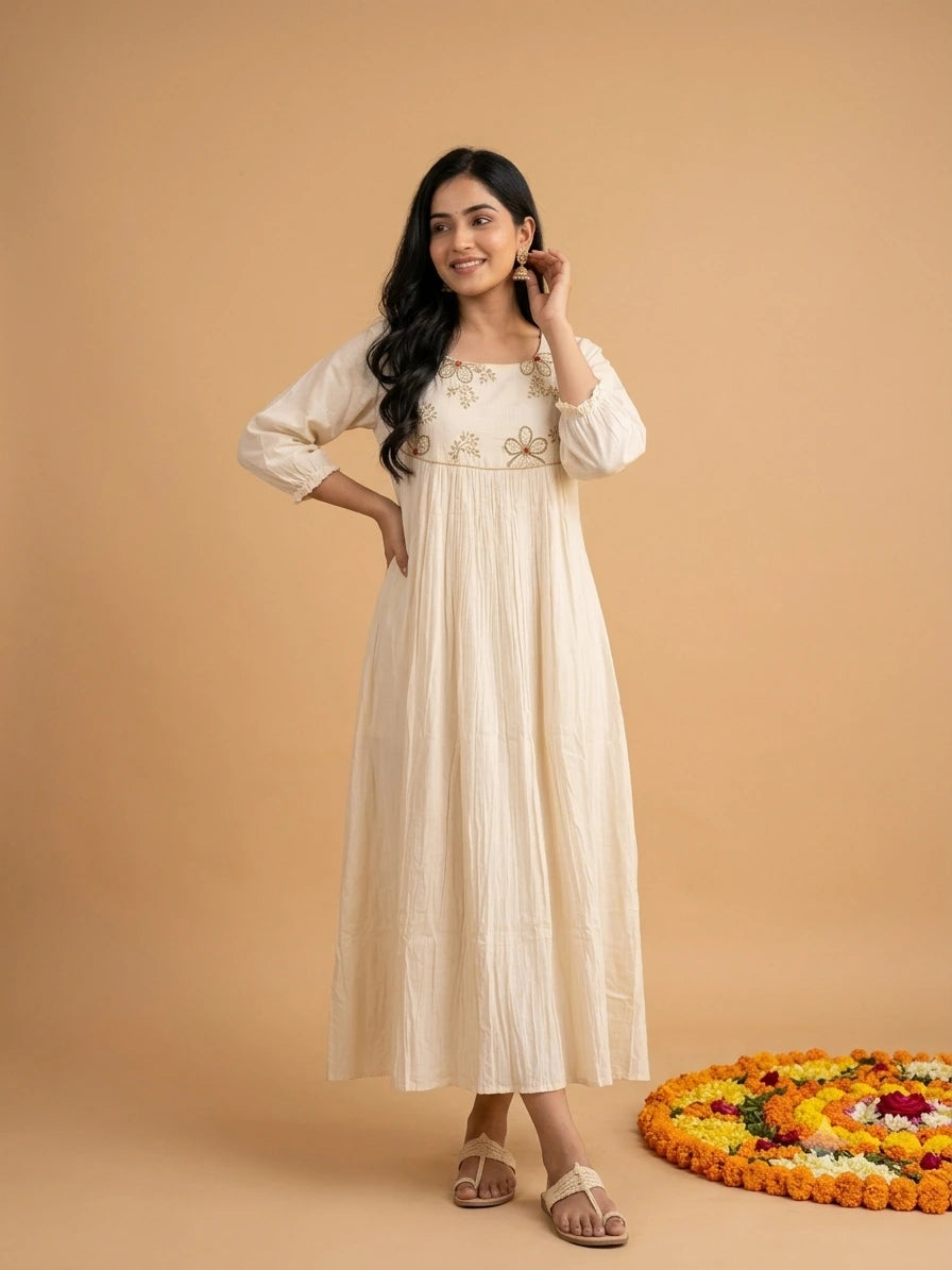 White Soft Cotton Flower Handwork Dress NK446