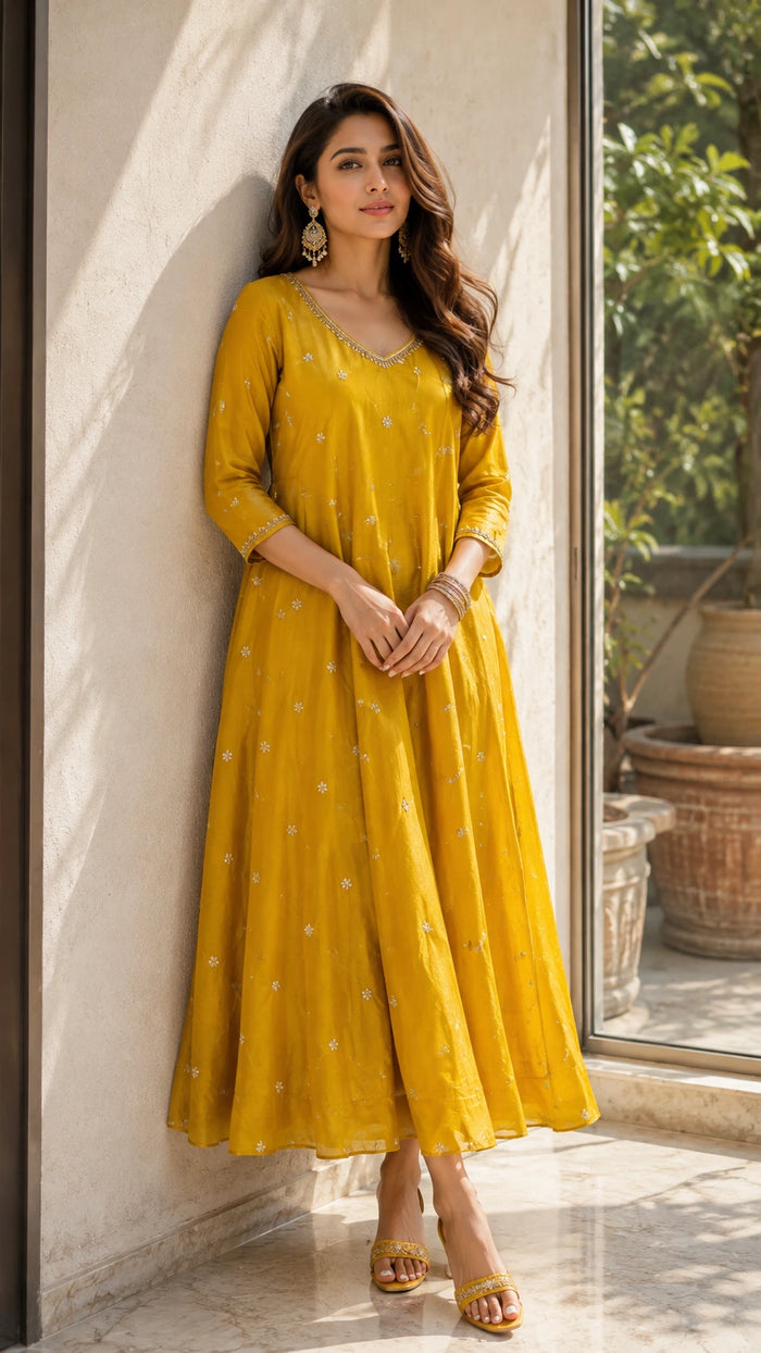 Yellow Soft Silk A Line Dress NK423