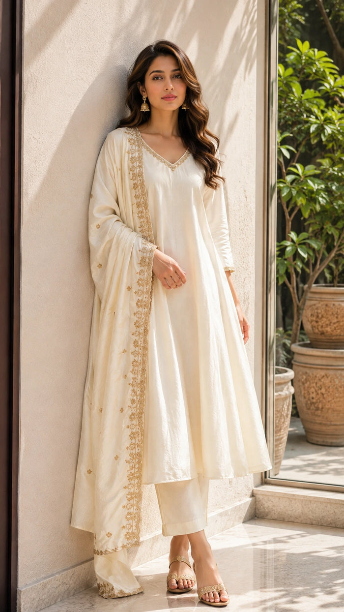 Ivory Soft Silk Anarkali 3 Piece Set NK433